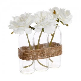 Composition de 3 roses blanches artificielles en tube - Vases en verre