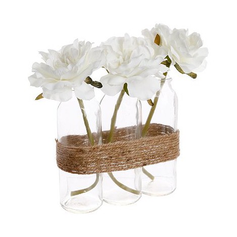 Composition de 3 roses blanches artificielles en tube - Vases en verre