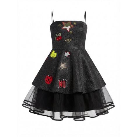 location-robe-courte-noir-lamé-brillant-avec-volant-tulle-noir-style-fun-lyon