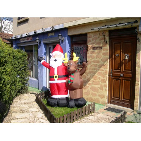 Père Noël gonflable avec Renne - Décoration de noël pour Halle d'accueil - A positionner devant une porte d'entrée -
