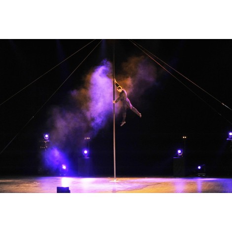 Homme drapeau - Acrobate sur mas chinois - Spectacle Mas chinois cirque Acrobate suspendu à l'horizontale sur un mas verticale